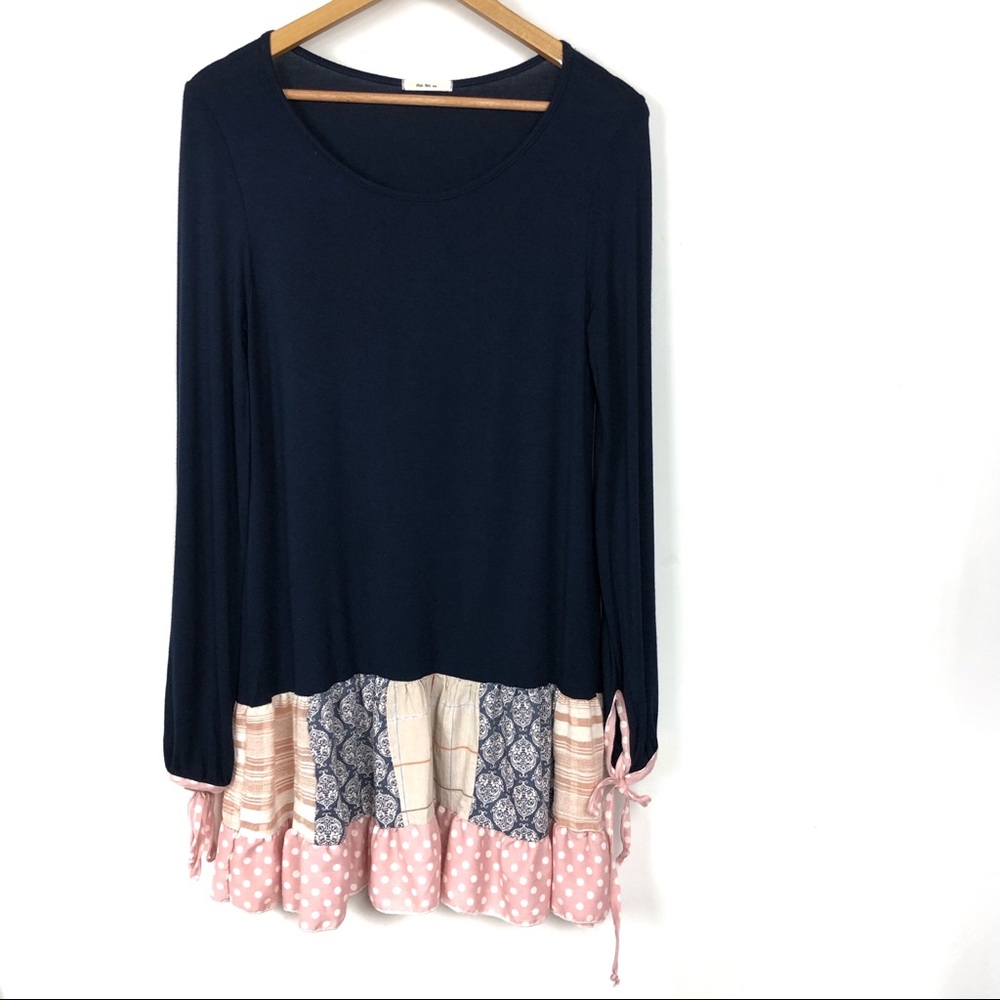 Mon Ami Navy Blue Ruffle Pattern Long Tunic Top